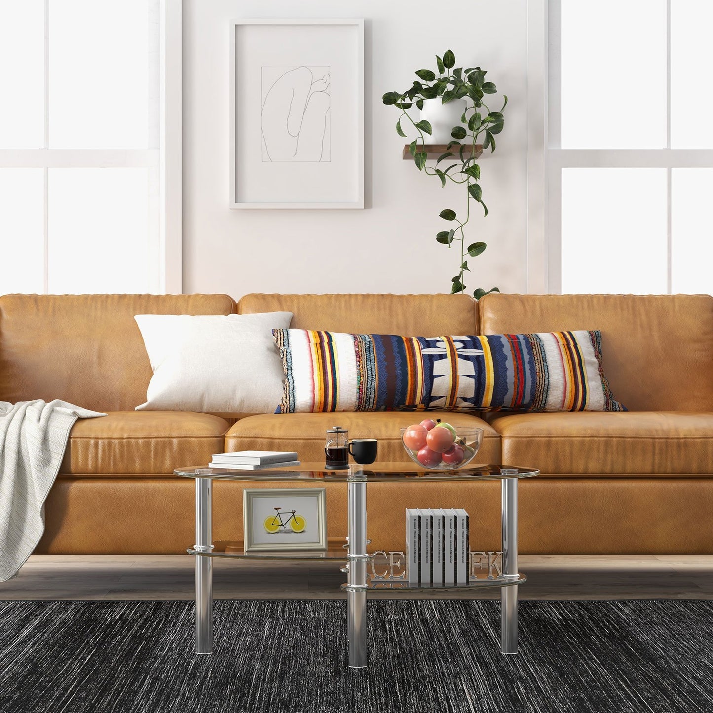 Tempered Glass Oval Side Coffee Table-Black