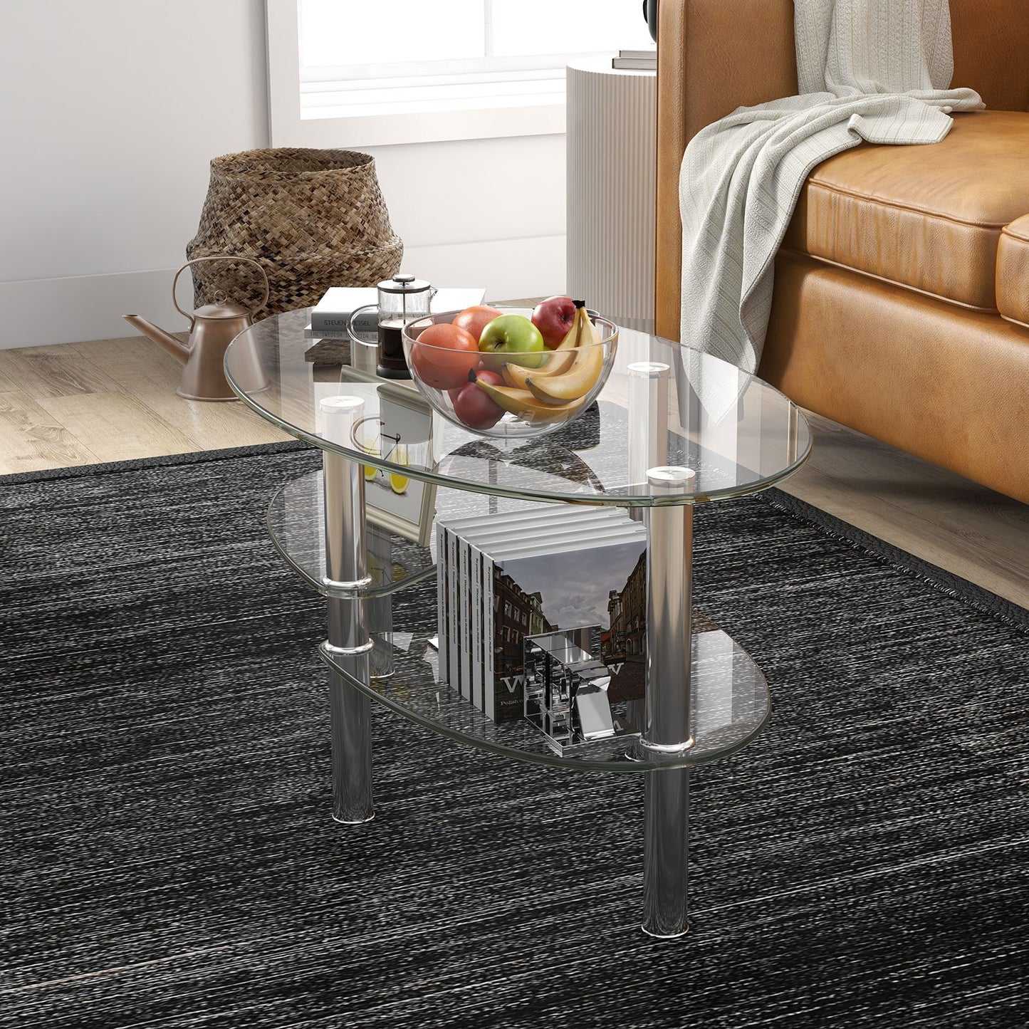 Tempered Glass Oval Side Coffee Table-Black