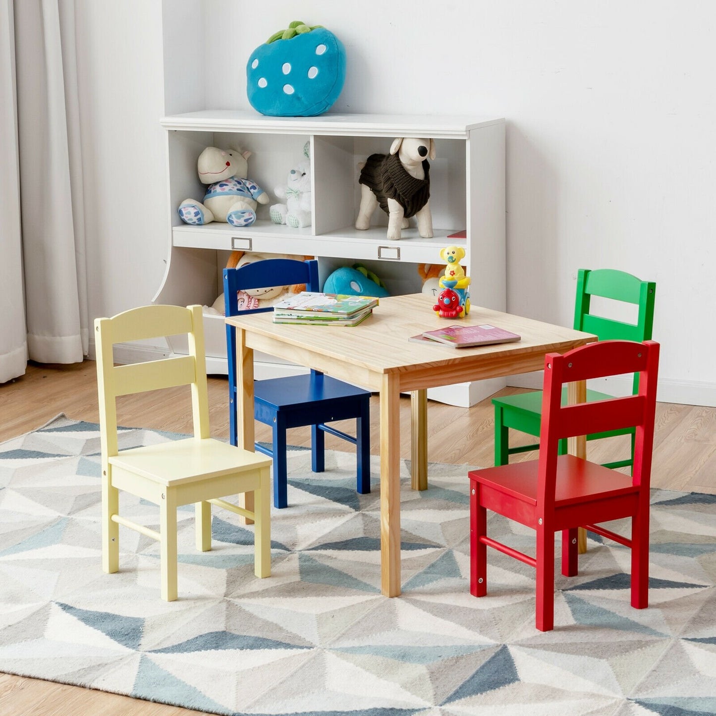 5 Pieces Kids Pine Wood Table Chair Set-Clear