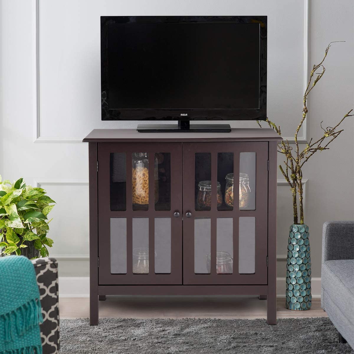 Glass Door Sideboard Console Storage Buffet Cabinet-Black