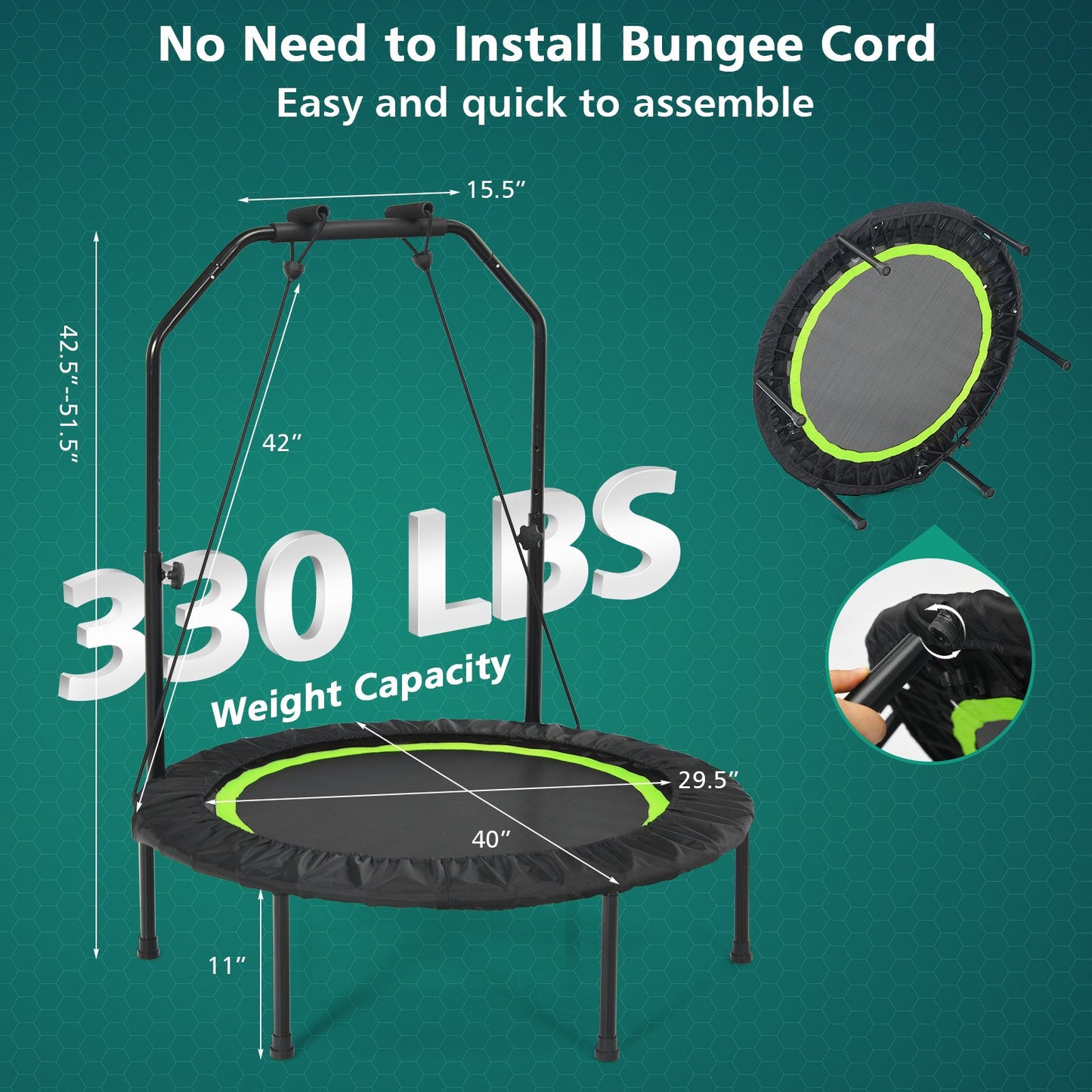 40 Inch Foldable Fitness Rebounder with Resistance Bands Adjustable Home-Blue