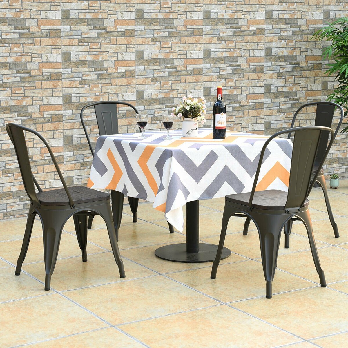 4 Pieces Tolix Style Metal Dining Side Chair Stackable Wood Seat-Dark Brown
