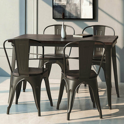 4 Pieces Tolix Style Metal Dining Side Chair Stackable Wood Seat-Dark Brown