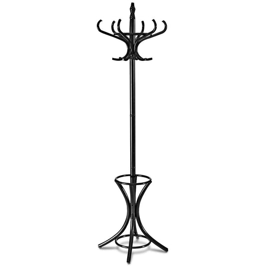 Wood Standing Hat Coat Rack w/ Umbrella Stand-Black