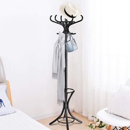 Wood Standing Hat Coat Rack w/ Umbrella Stand-Black