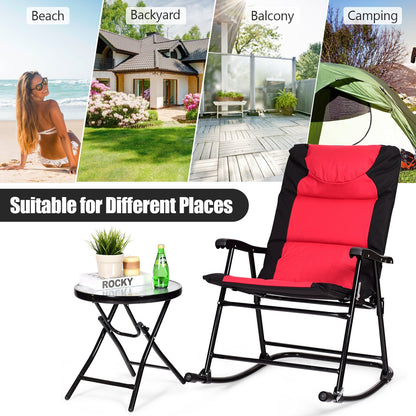 3 Pieces Outdoor Folding Rocking Chair Table Set with Cushion-Blue