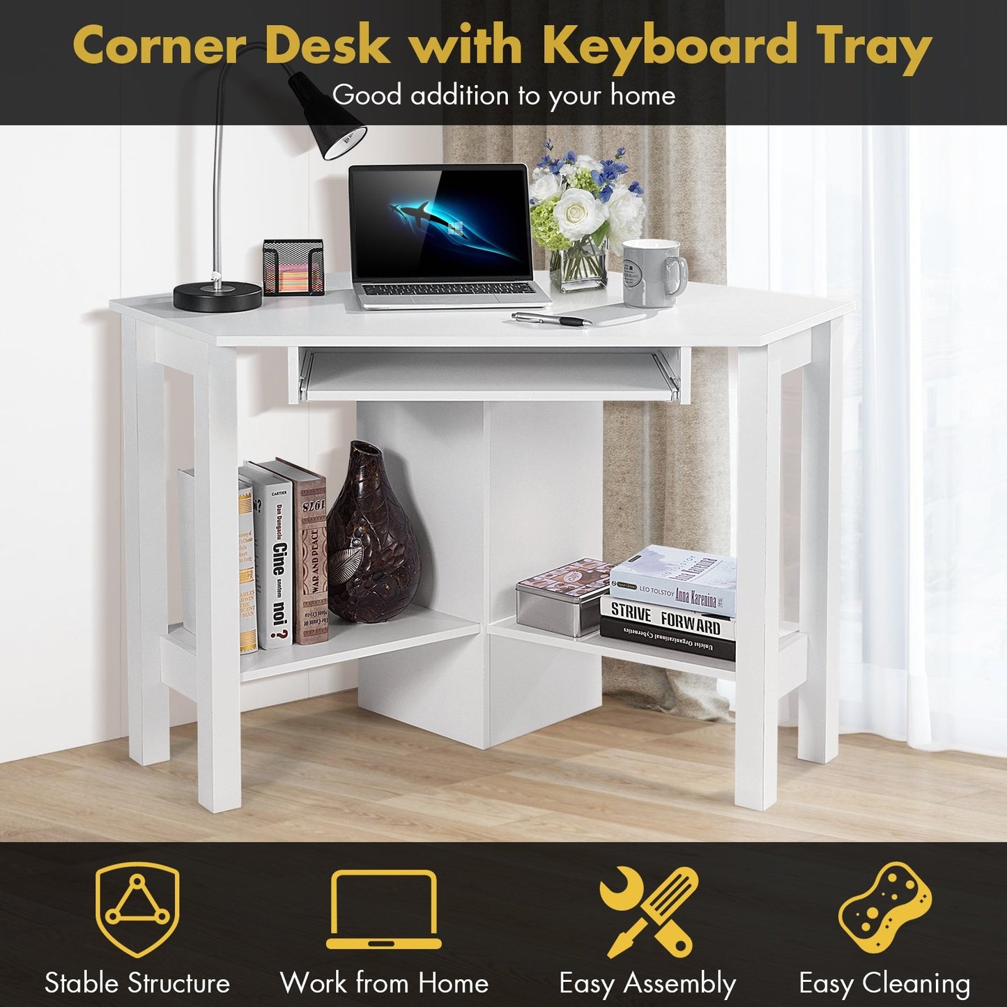 Wooden Study Computer Corner Desk with Drawer-Black