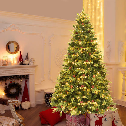 Flocked Artificial Christmas Tree with LED Lights and Pine Cones-8 ft