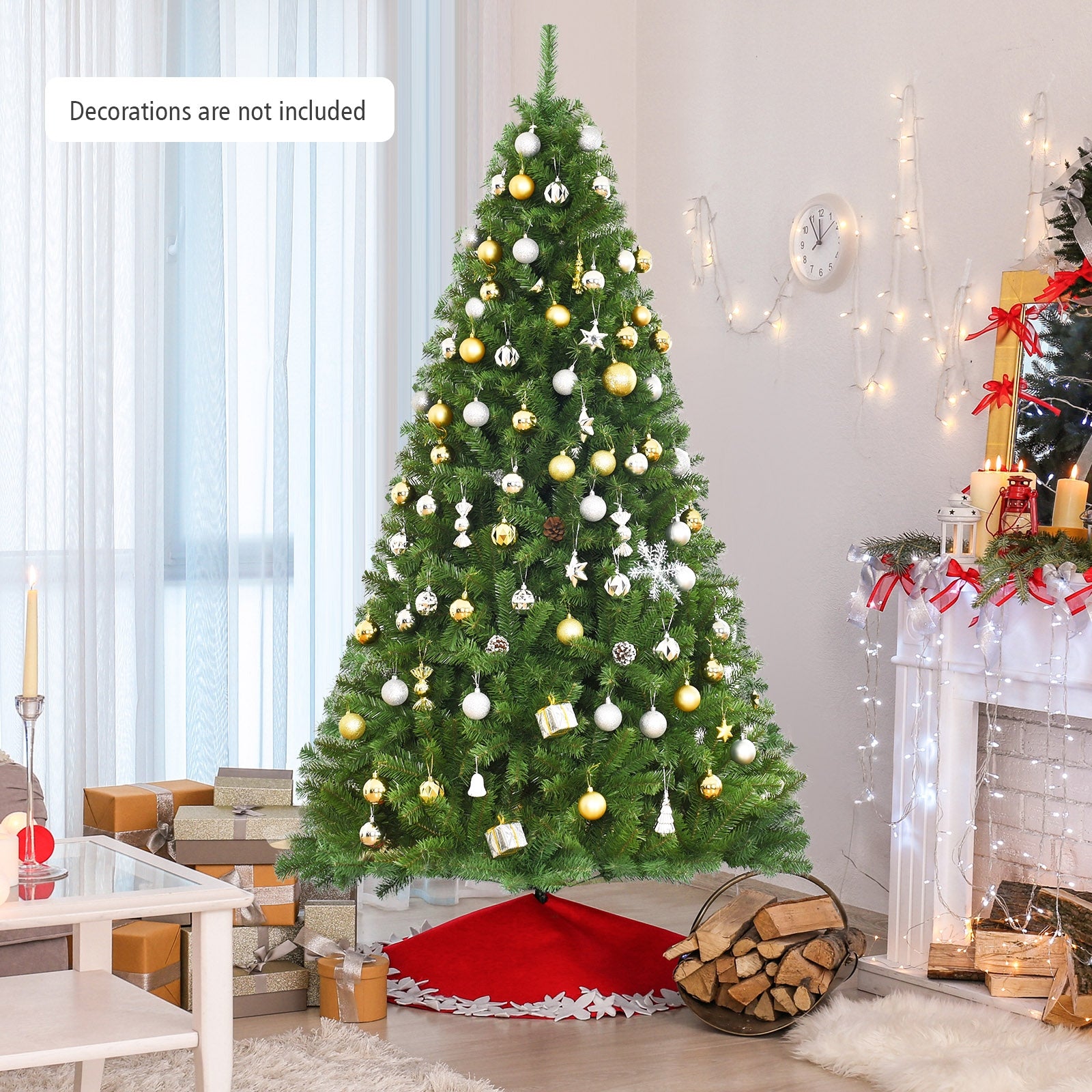 7.5 ft PVC artificial Christmas tree with hinged branches, decorated for holiday decor, from Wilsons Home Store.