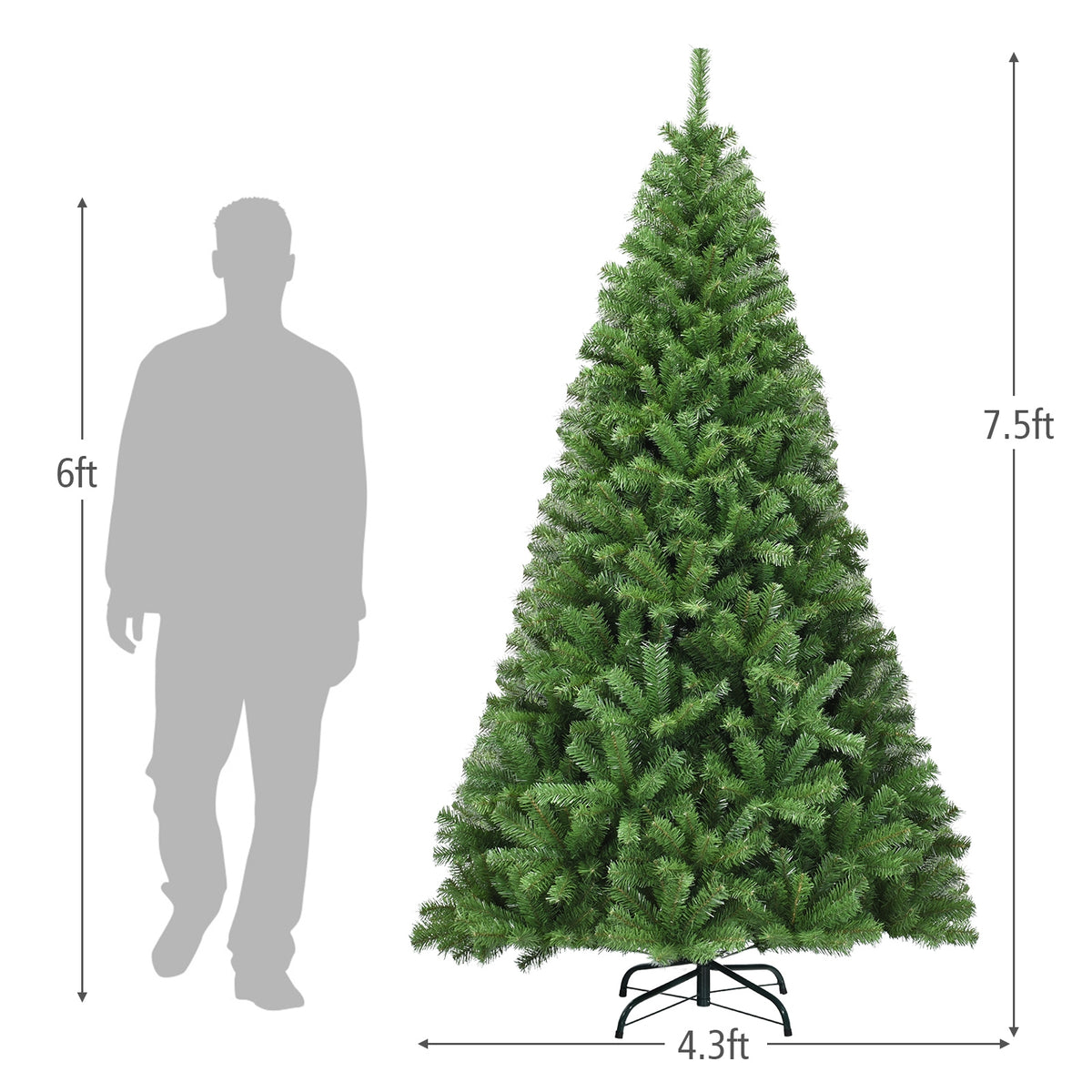 7.5 ft PVC artificial Christmas tree with hinged branches, decorated with ornaments, for holiday decor, from Wilsons Home Store.