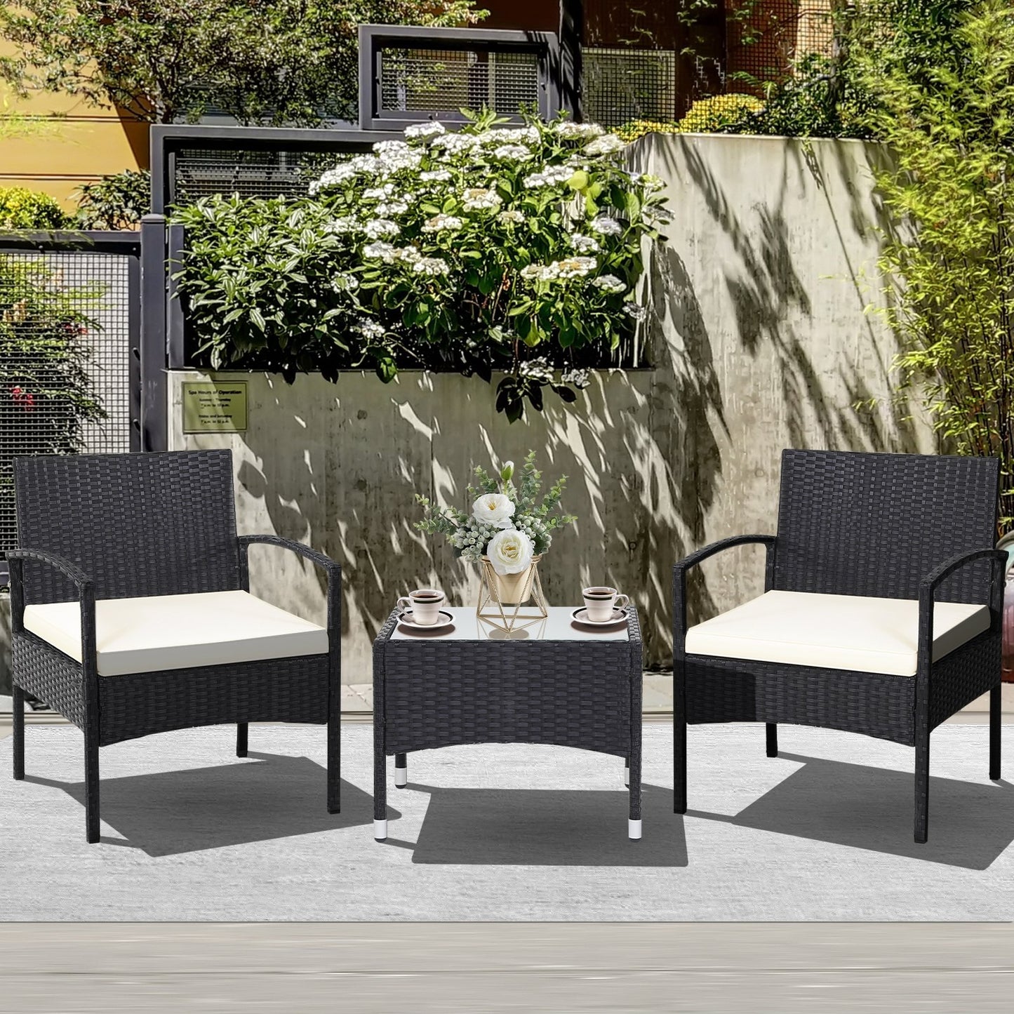 3 Pieces Patio Wicker Rattan Furniture Set with Cushion for Lawn Backyard-Gray