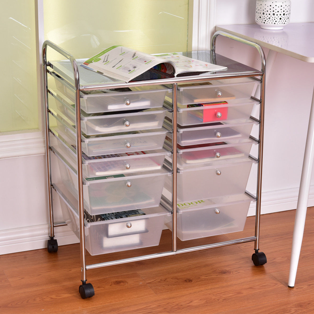 12-Drawer Rolling Storage Cart with Removable Drawers and Lockable Wheels-White