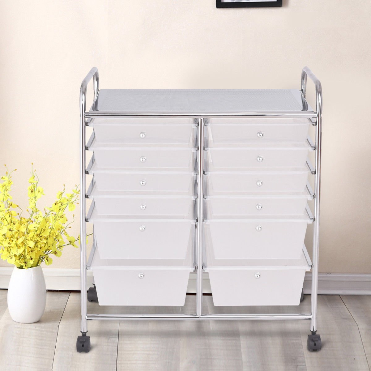 12-Drawer Rolling Storage Cart with Removable Drawers and Lockable Wheels-White