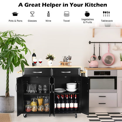 Wood Top Rolling Kitchen Trolley Island Cart Storage Cabinet-Black