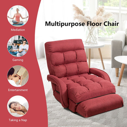 Folding Lazy Floor Chair Sofa with Armrests and Pillow-Blue
