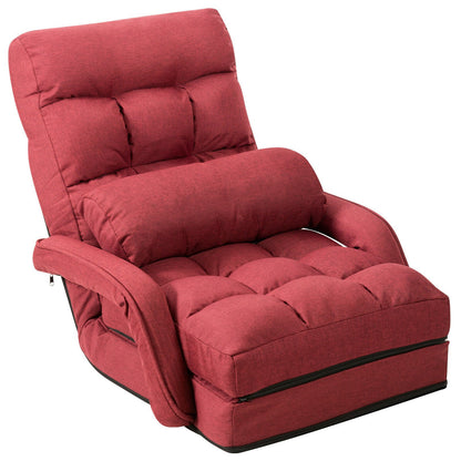 Folding Lazy Floor Chair Sofa with Armrests and Pillow-Blue