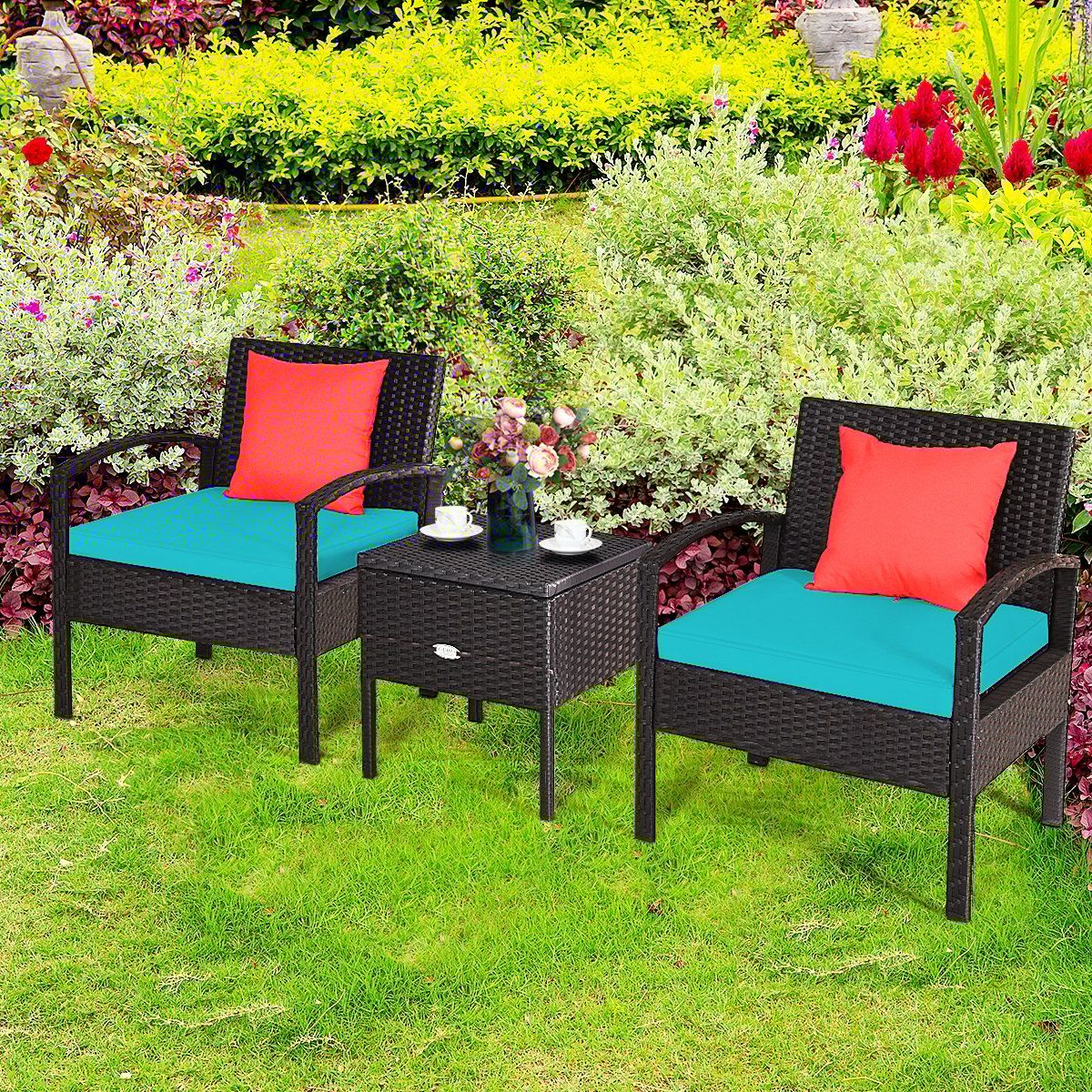 3 Piece PE Rattan Wicker Sofa Set with Washable and Removable Cushion for Patio-Red