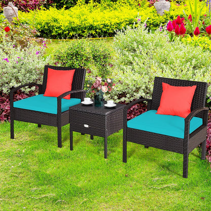3 Piece PE Rattan Wicker Sofa Set with Washable and Removable Cushion for Patio-Red