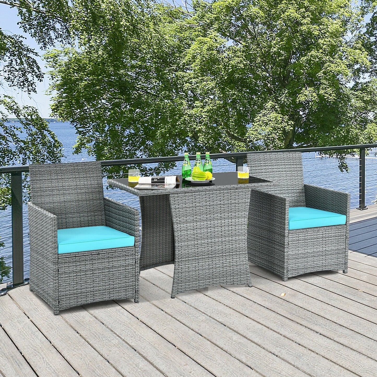 3 Pieces Patio Rattan Furniture Set with Cushioned Armrest Sofa-Gray