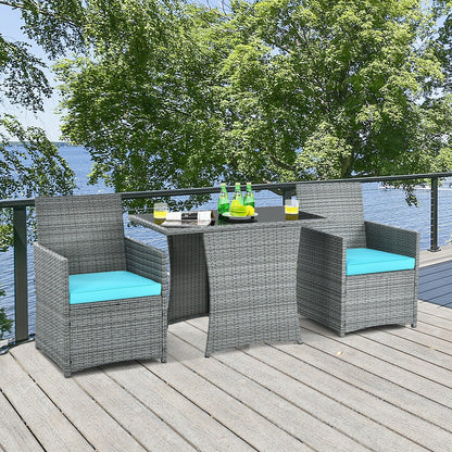3 Pieces Patio Rattan Furniture Set with Cushioned Armrest Sofa-Gray