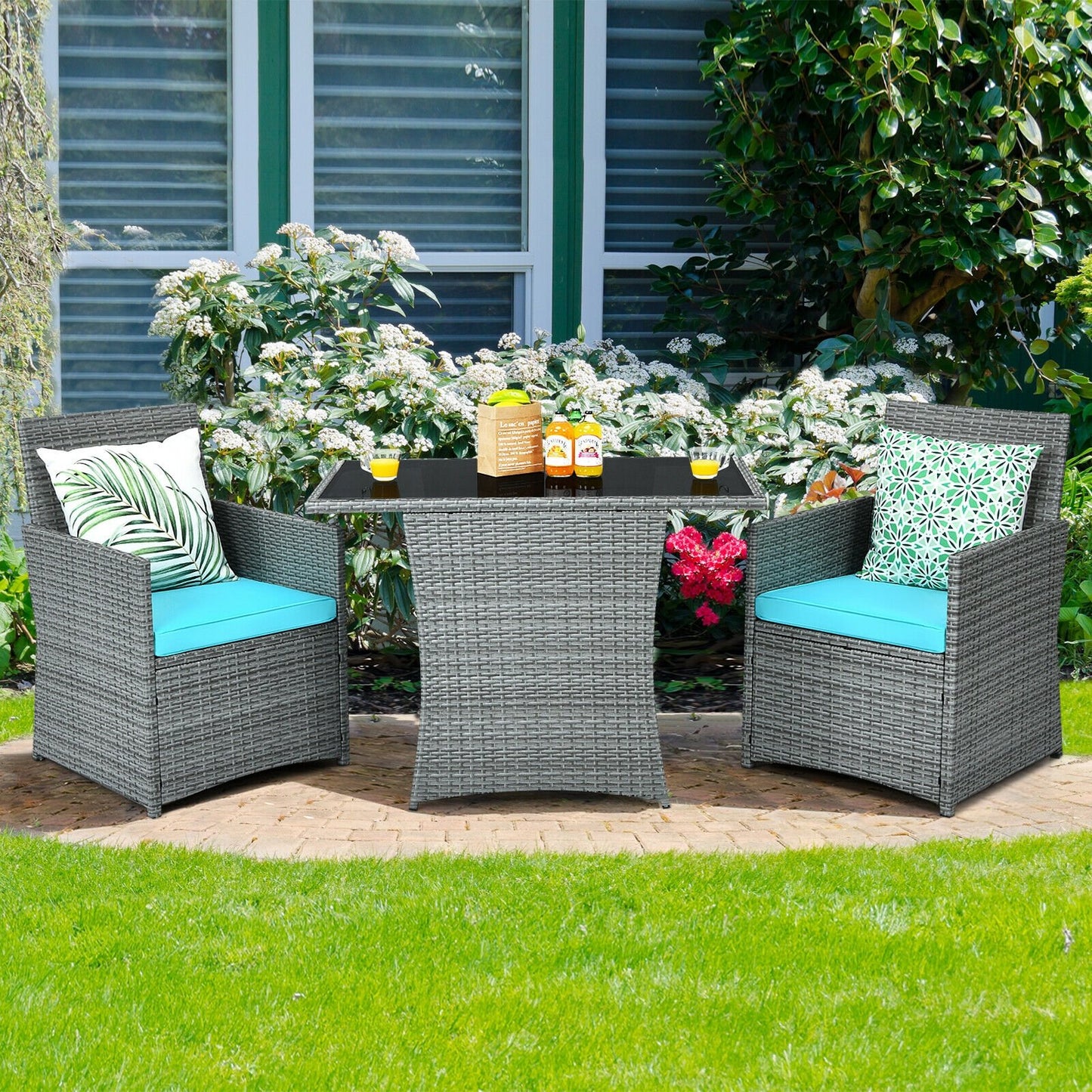 3 Pieces Patio Rattan Furniture Set with Cushioned Armrest Sofa-Gray