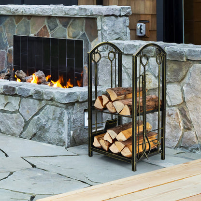 Outdoor fireplace log rack with four tools set, fireside firewood holder for storing and organizing firewood and accessories.