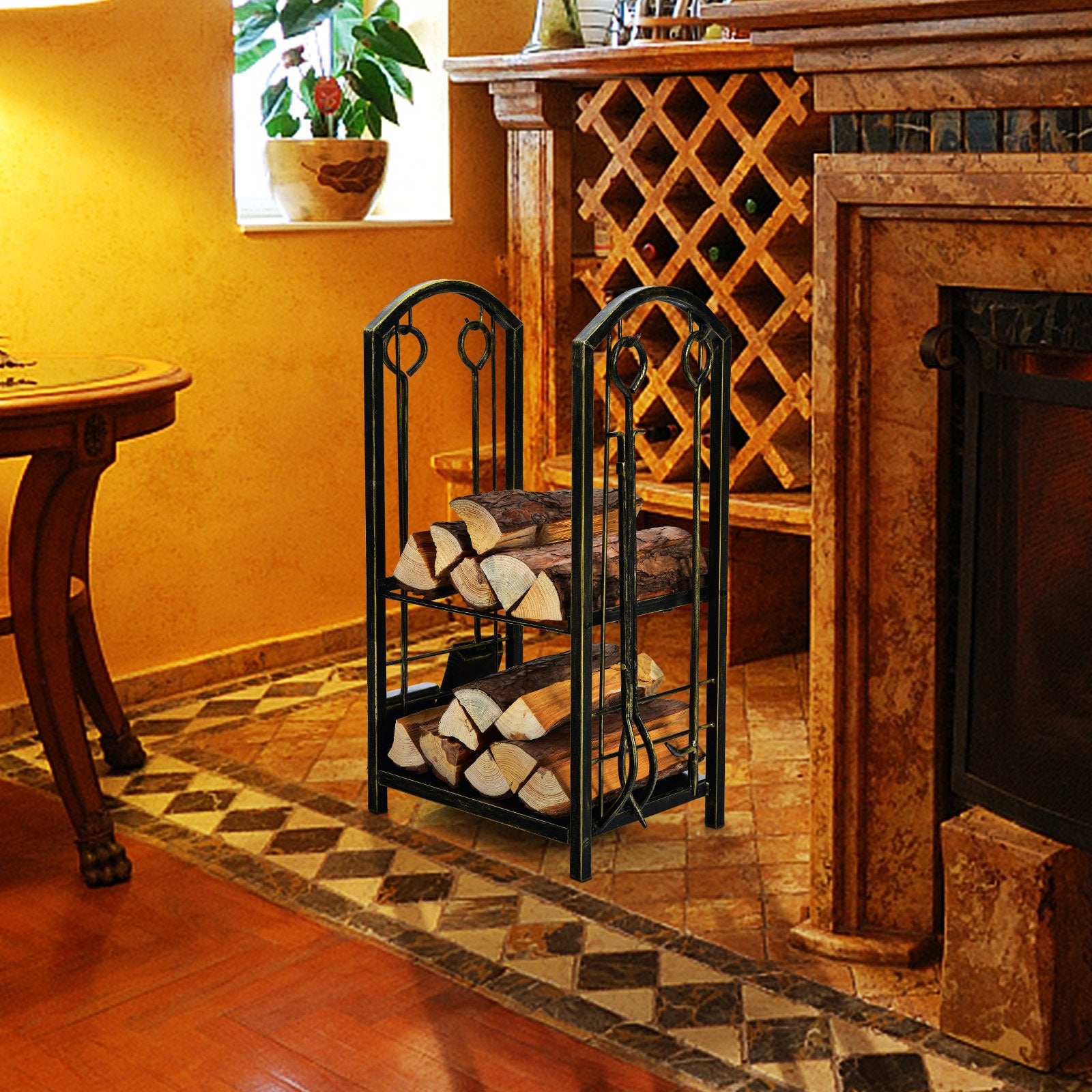 Fireplace log rack with four tools set, outdoor fireside firewood holder for storing and organizing firewood and tools.
