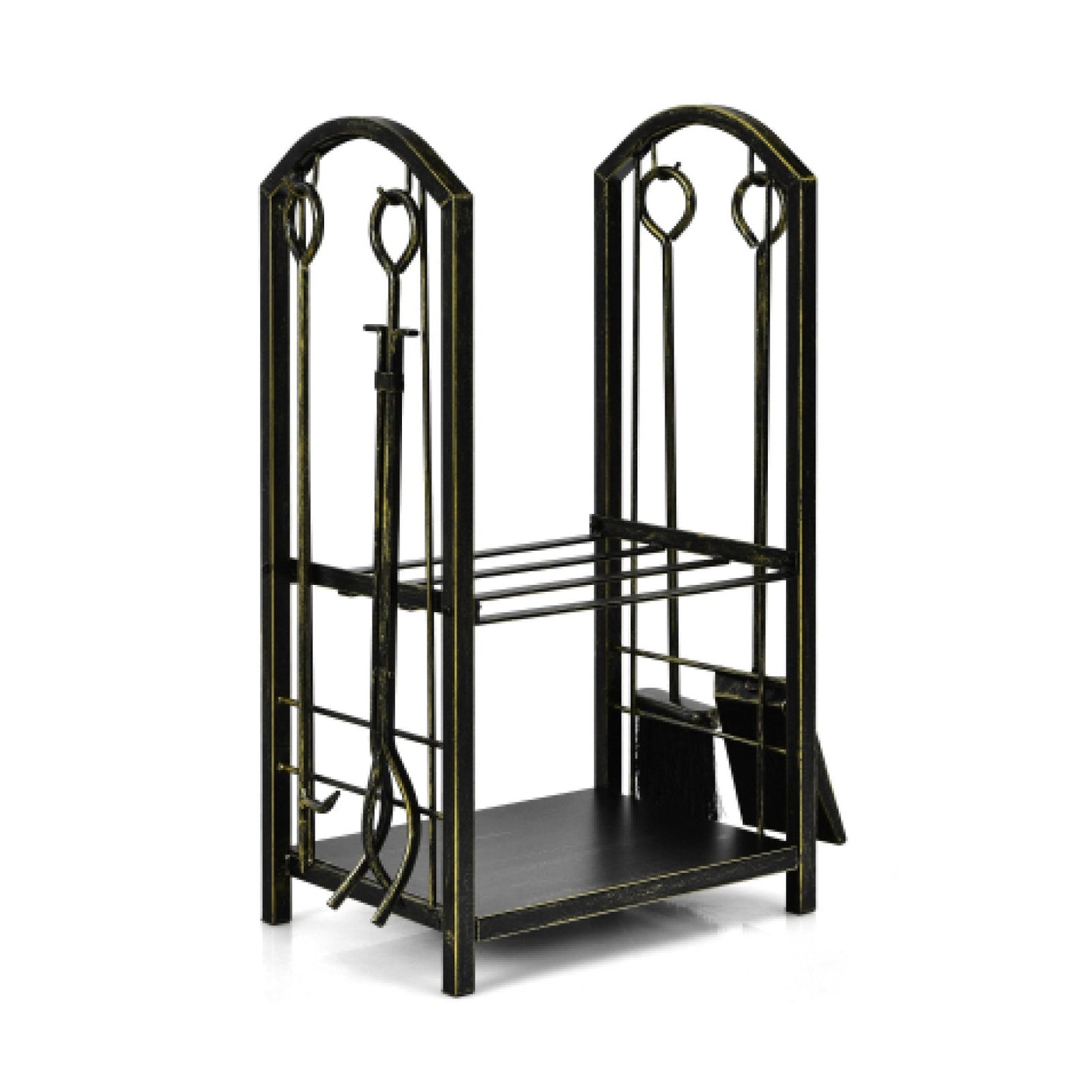 Outdoor fireplace log rack with four tools set, fireside firewood holder for outdoor heating and firewood storage.