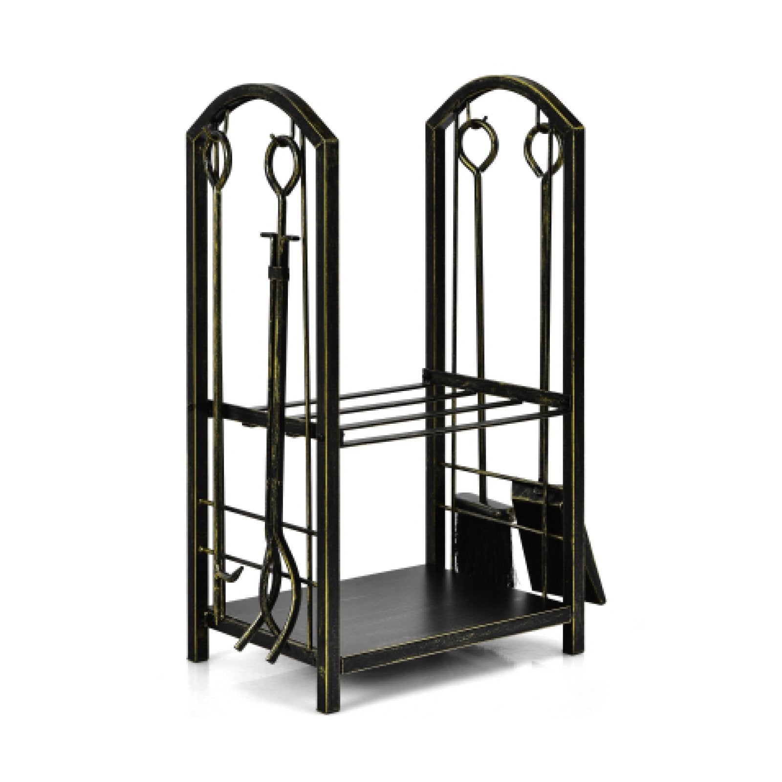 Outdoor fireplace log rack with four tools set, fireside firewood holder for outdoor heating and firewood storage.