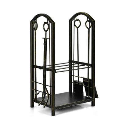 Outdoor fireplace log rack with four tools set, fireside firewood holder for outdoor heating and firewood storage.