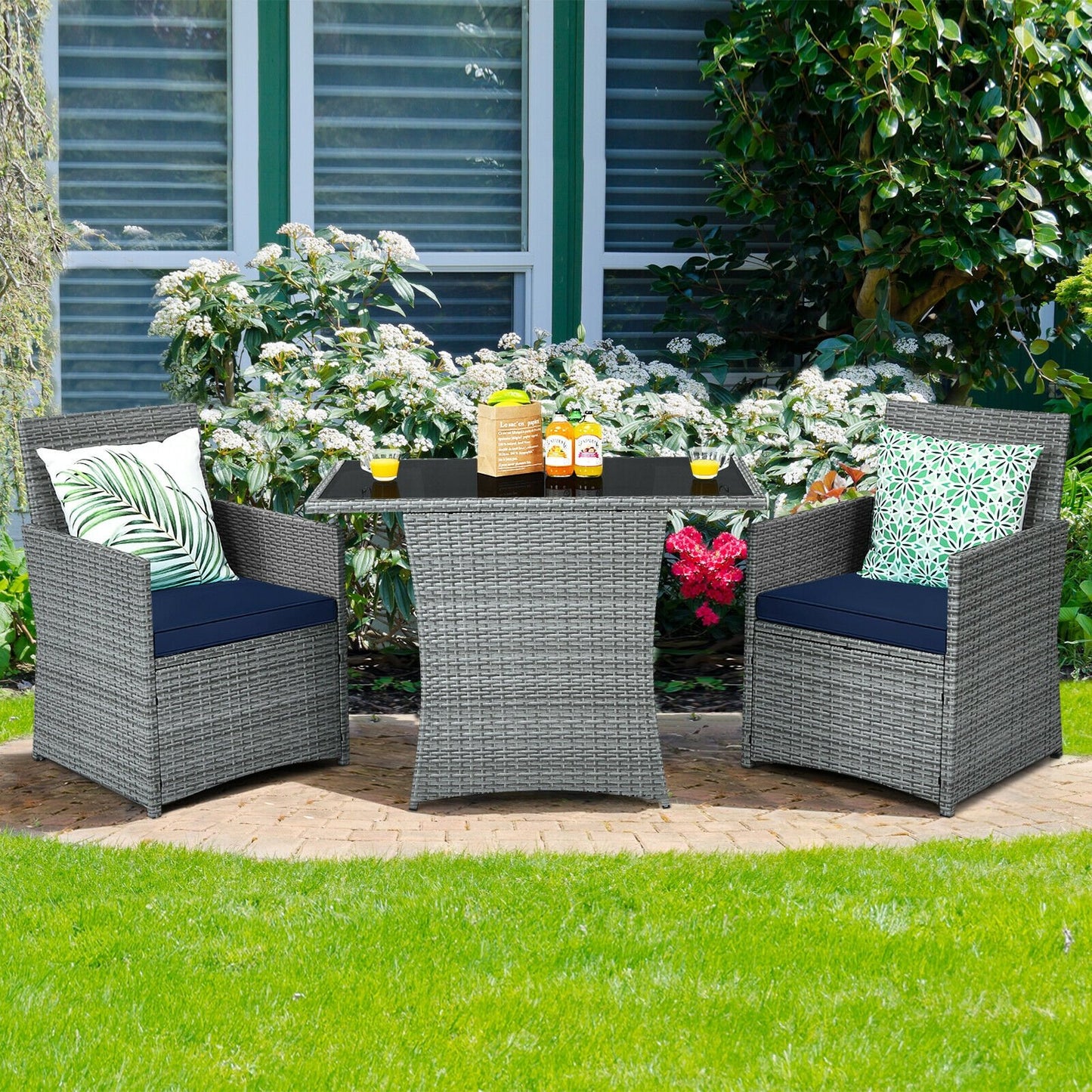 3 Pieces Patio Rattan Furniture Set with Cushioned Armrest Sofa-Gray