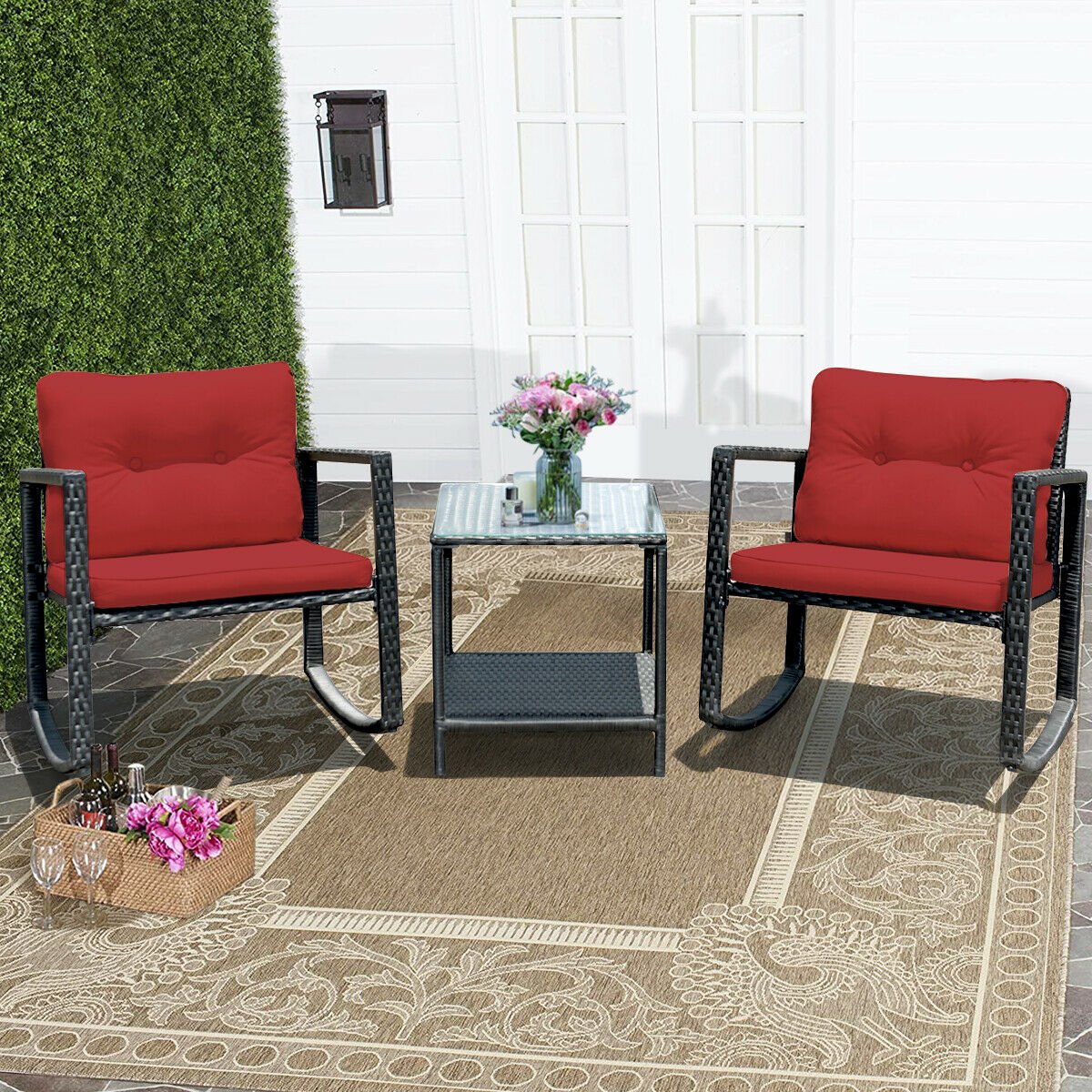 3 Pieces Wicker Rocking Bistro Set with Glass Coffee Table and Storage Shelf-Beige