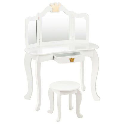 Kids Makeup Dressing Table with Tri-folding Mirror and Stool-Pink