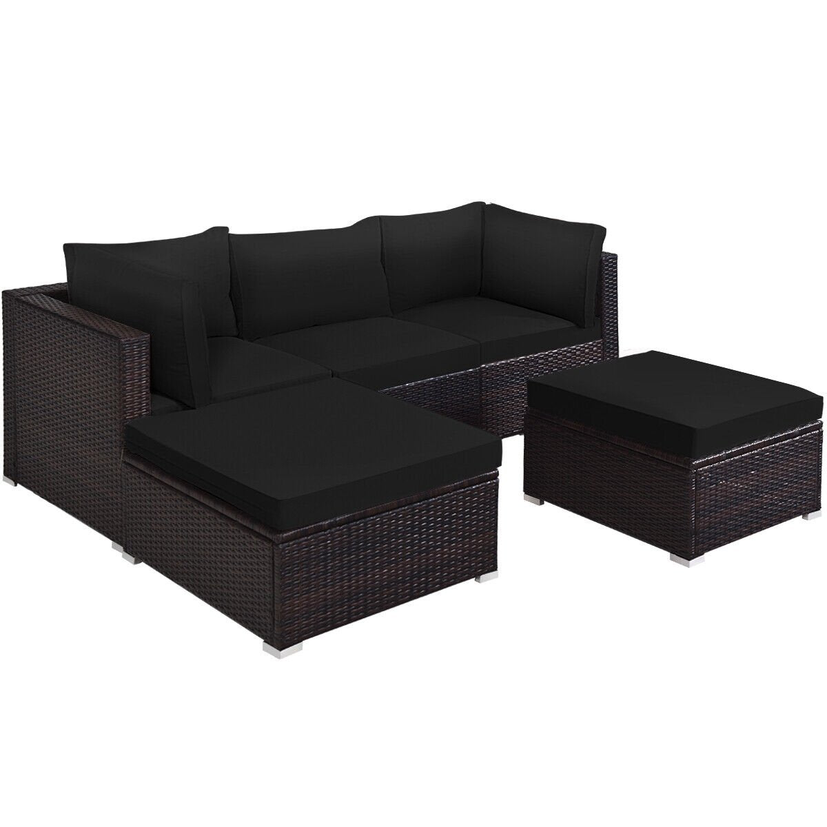 5 Pieces Patio Rattan Sofa Set with Cushion and Ottoman-Beige