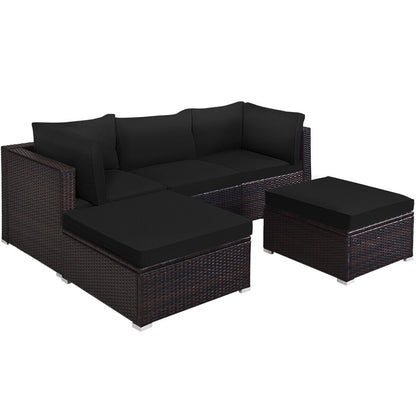5 Pieces Patio Rattan Sofa Set with Cushion and Ottoman-Beige