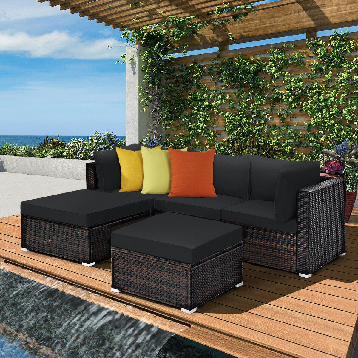 5 Pieces Patio Rattan Sofa Set with Cushion and Ottoman-Beige