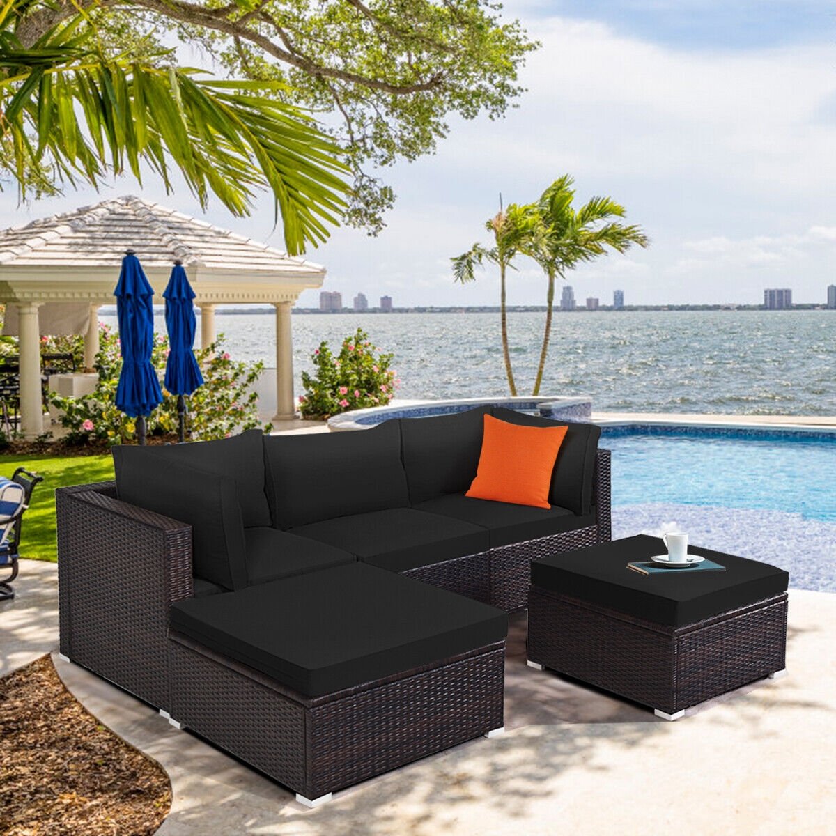 5 Pieces Patio Rattan Sofa Set with Cushion and Ottoman-Beige