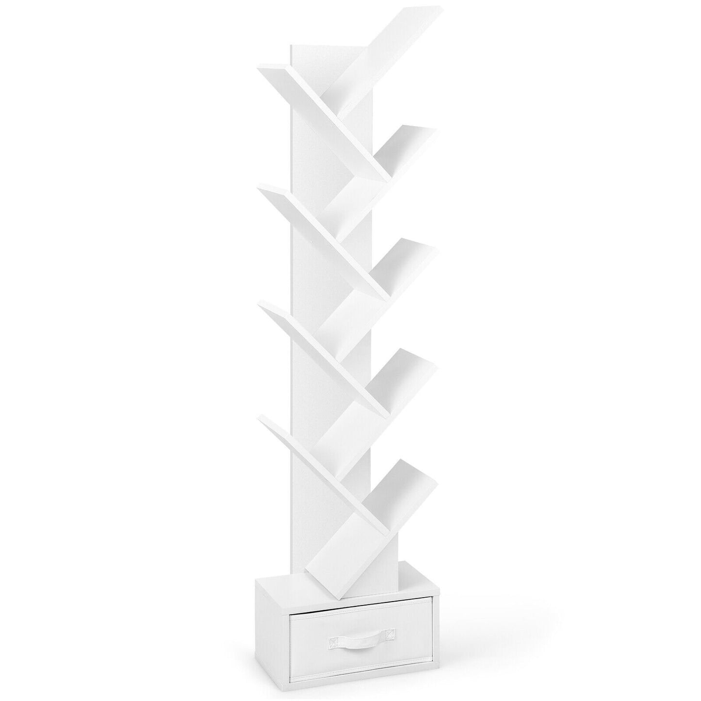 10-tier Tree Bookshelf with Drawer Free-standing Storage Bookcase-Coffee
