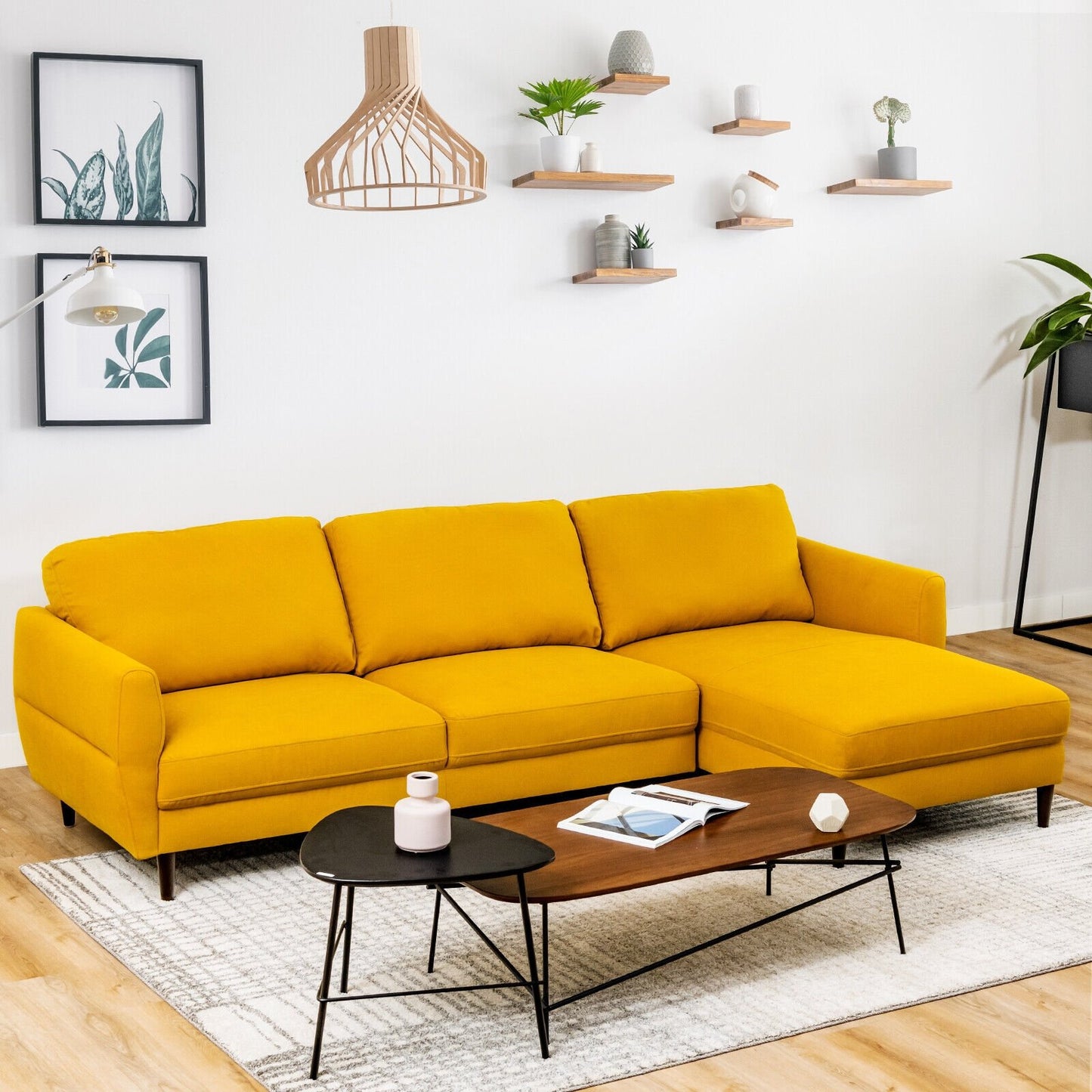 L-Shaped Fabric Sectional Sofa with Chaise Lounge and Solid Wood Legs-Navy