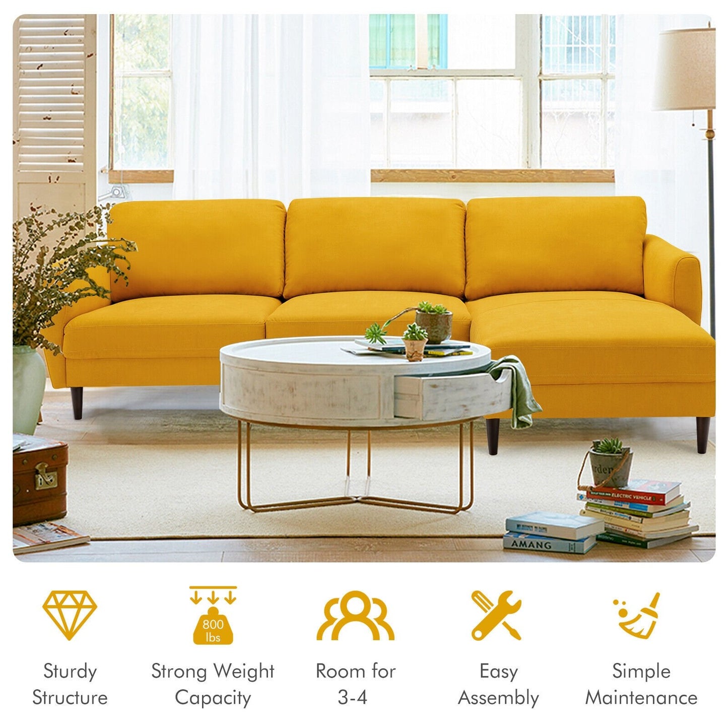 L-Shaped Fabric Sectional Sofa with Chaise Lounge and Solid Wood Legs-Navy