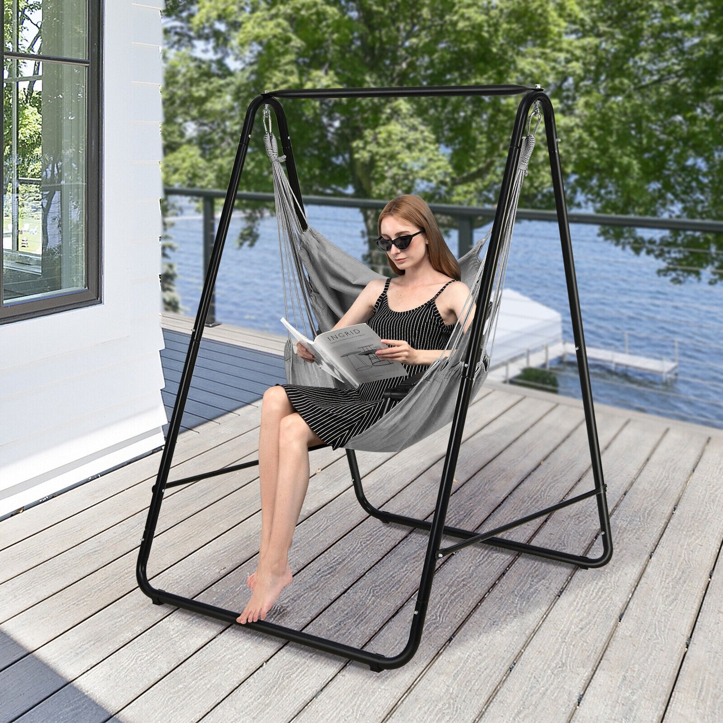 Hanging Padded Hammock Chair with Stand and Heavy Duty Steel-Beige