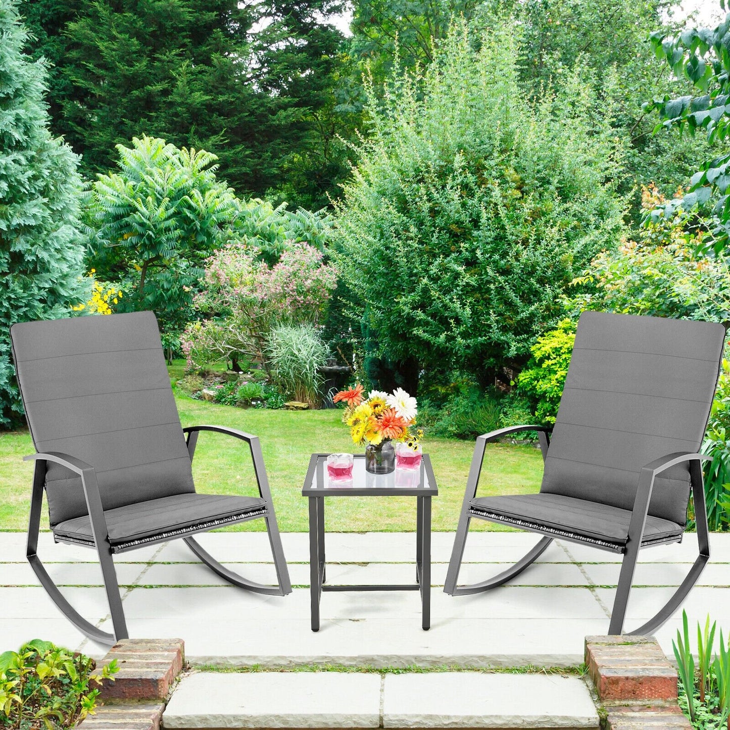 3 Pieces Patio Rattan Rocking Furniture Set-Brown