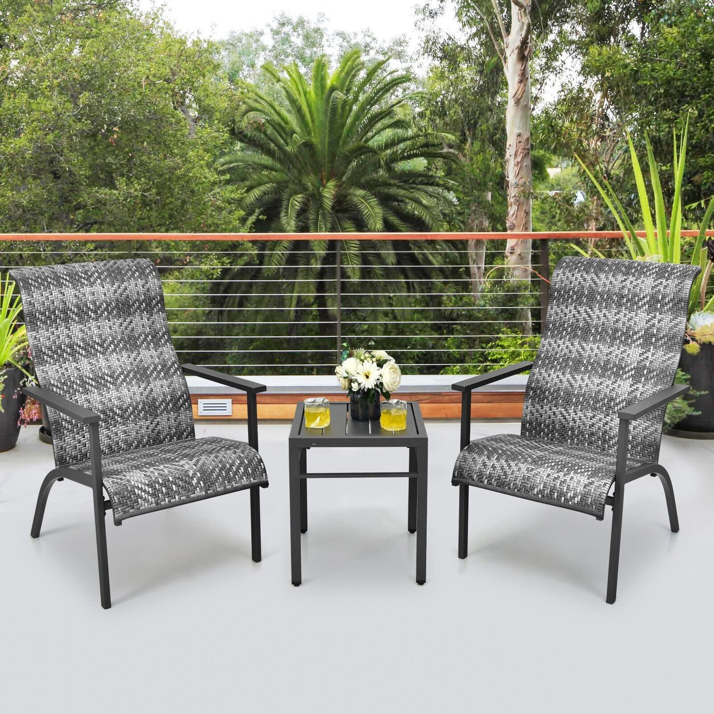 3 Pieces Patio Rattan Bistro Set with High Backrest and Armrest-Brown