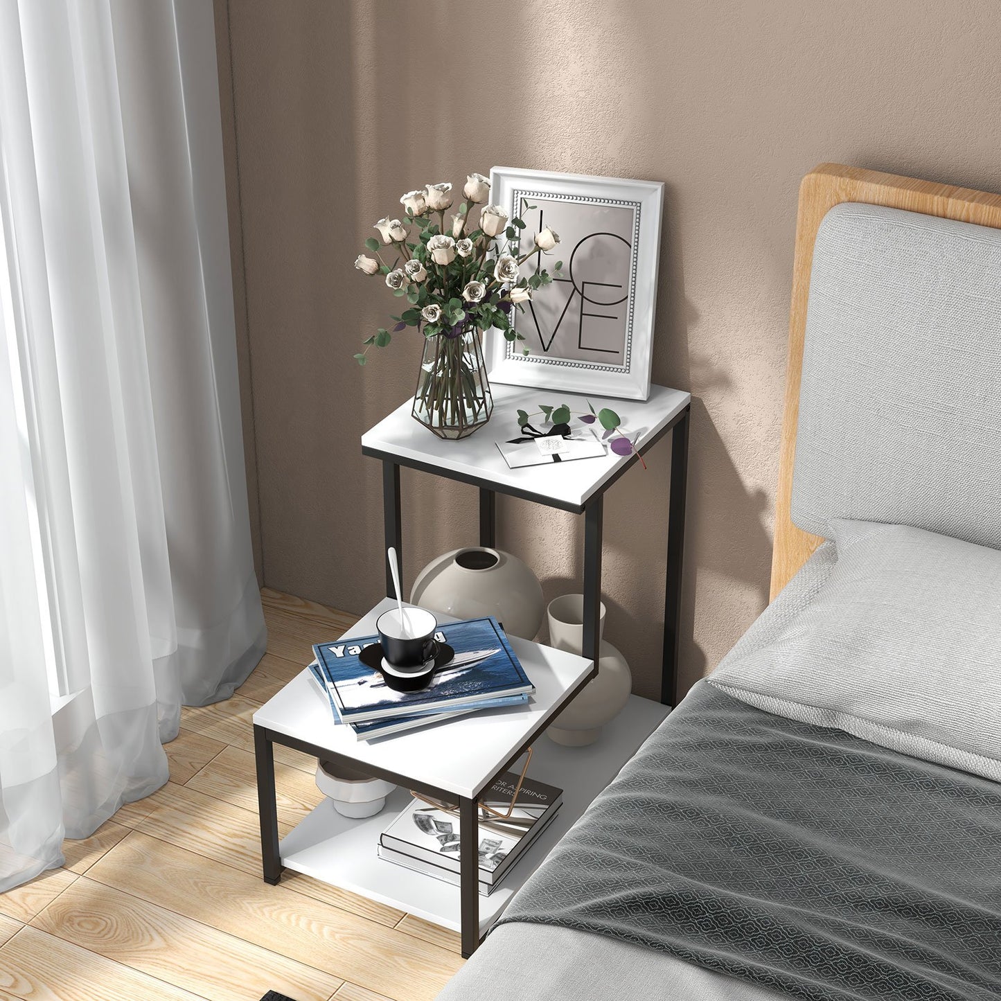 3-Tier Sofa Side Table Night Stand-Brown