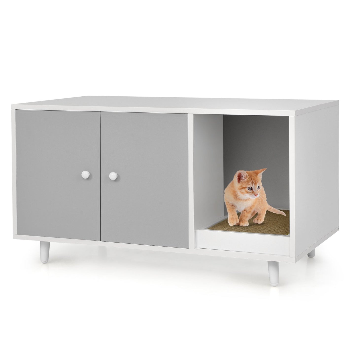 Cat Litter Box Enclosure with Divider and Double Doors-Brown