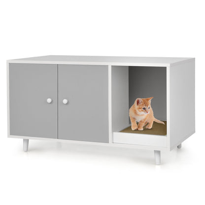 Cat Litter Box Enclosure with Divider and Double Doors-Brown