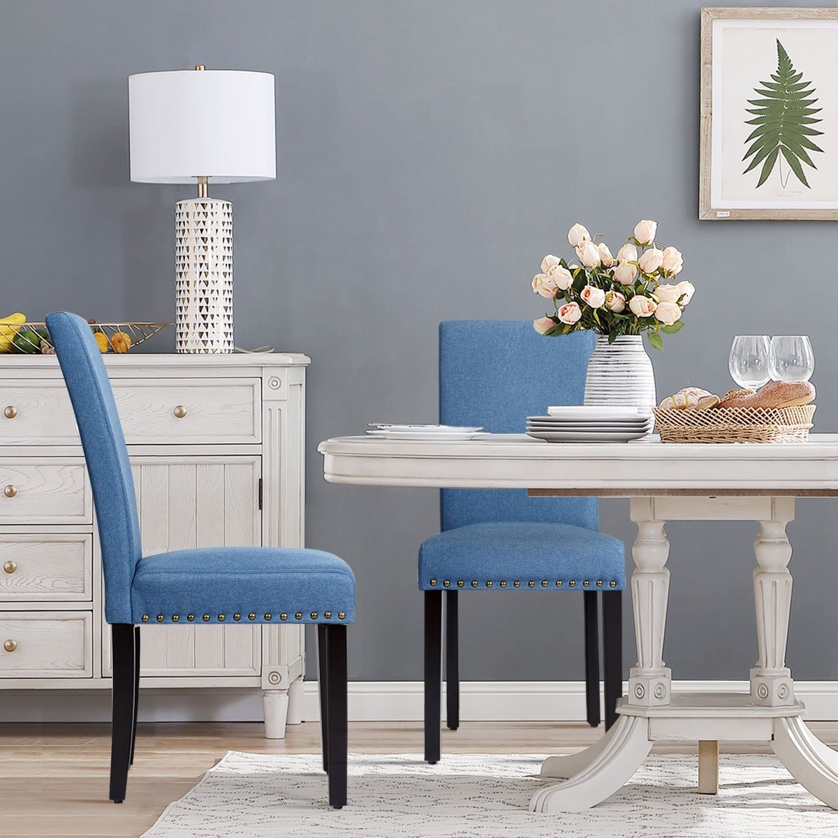 Set of 2 Fabric Upholstered Dining Chairs with Nailhead-Light Sage