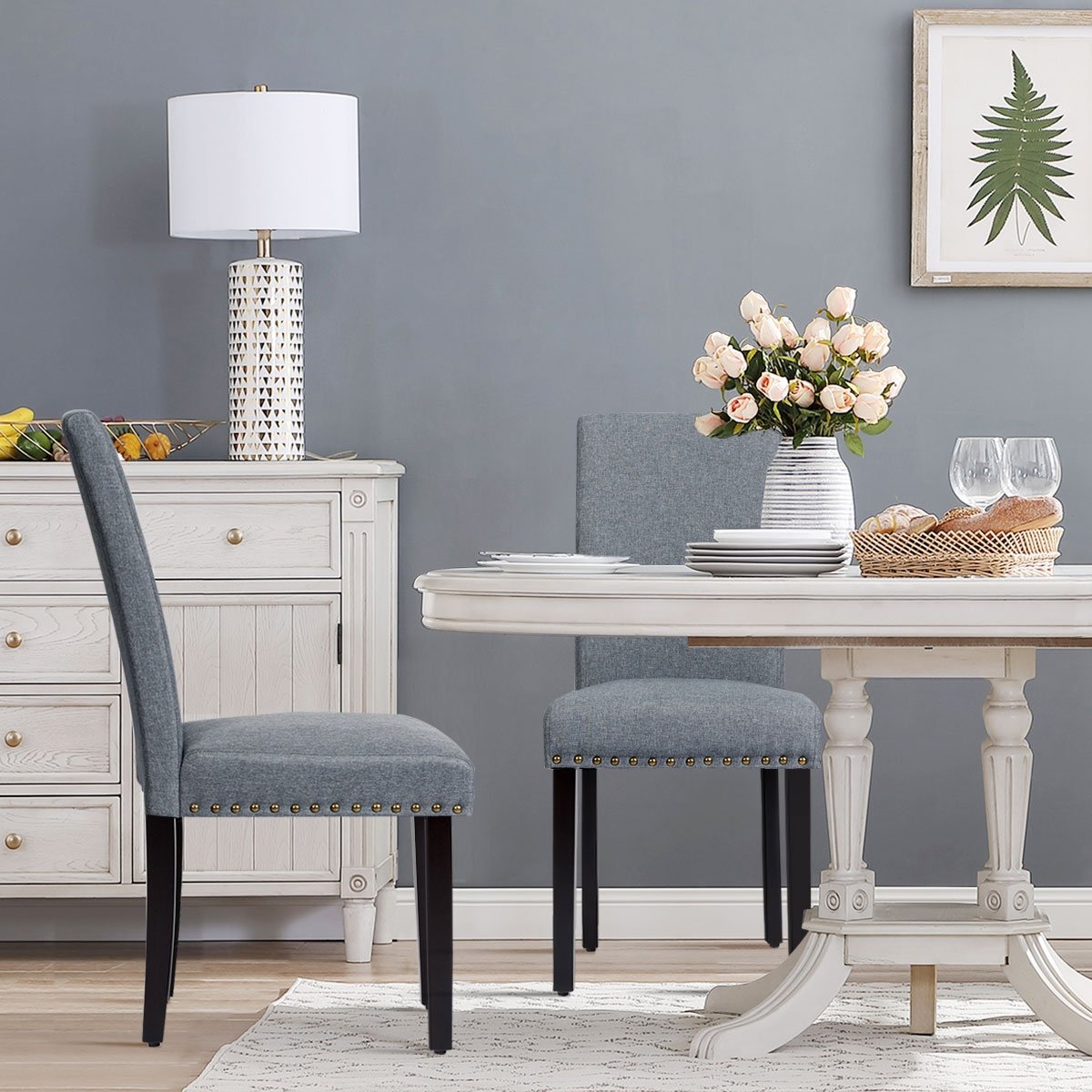 Set of 2 Fabric Upholstered Dining Chairs with Nailhead-Light Sage