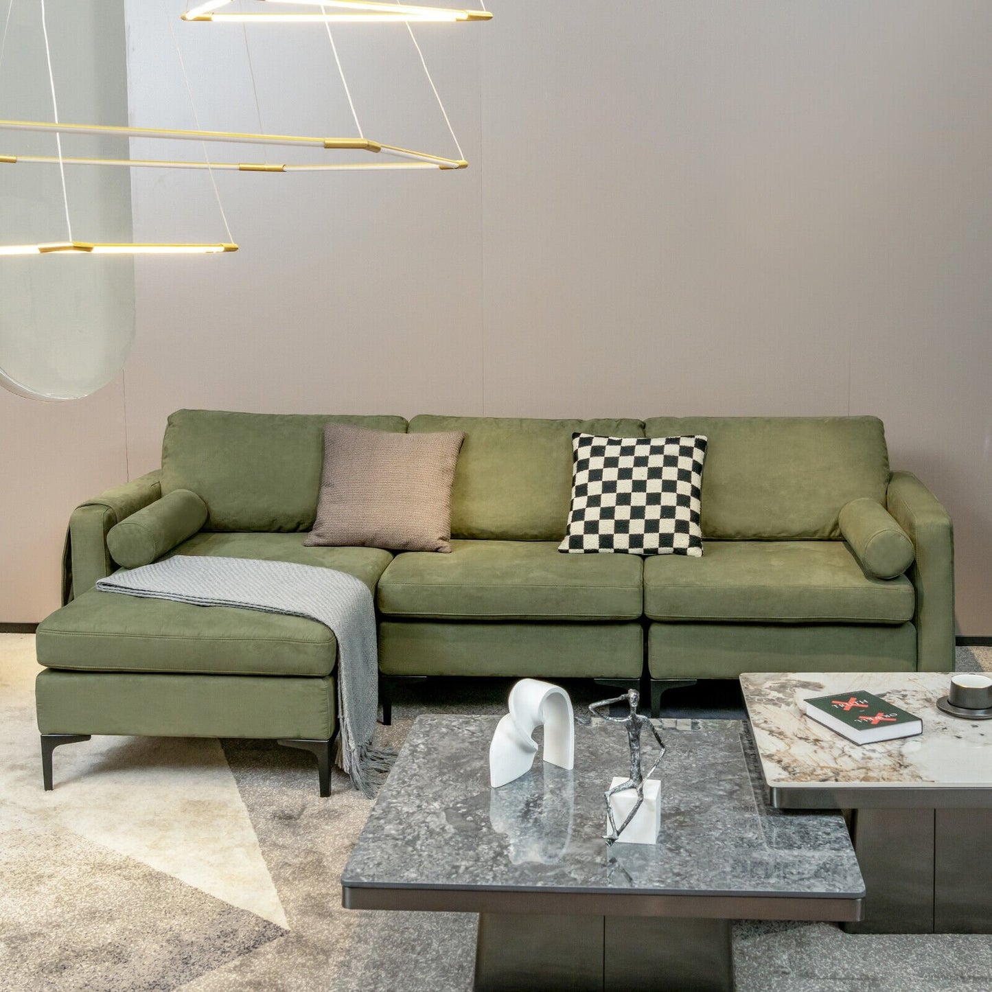 Modular 2-seat/3-Seat/4-Seat L-shaped Sectional Sofa Couch with Reversible Chaise and Socket USB Ports-3-Seat L-shaped