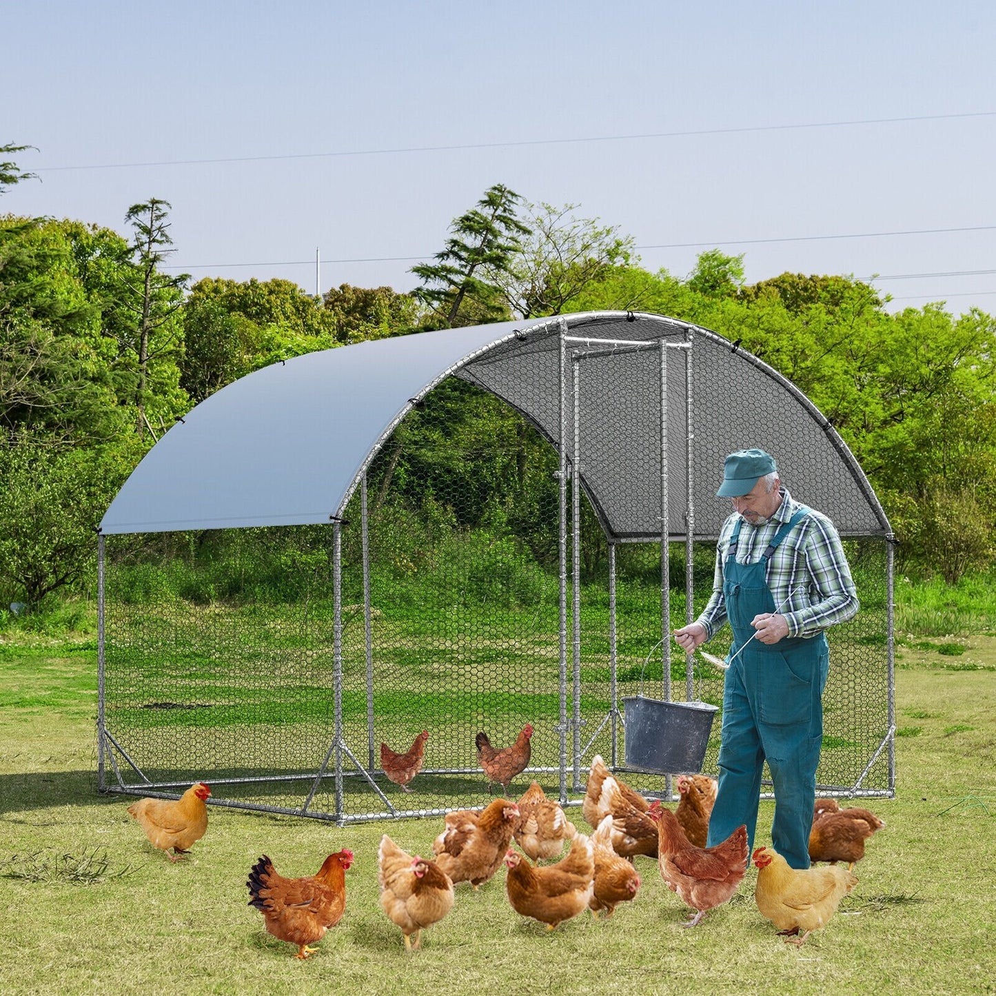 6.2 Feet/12.5 Feet/19 Feet Large Metal Chicken Coop Outdoor Galvanized Dome Cage with Cover-L